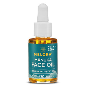 MELORA Manuka Face Oil bottle delivers hydrating care for dry skin.
