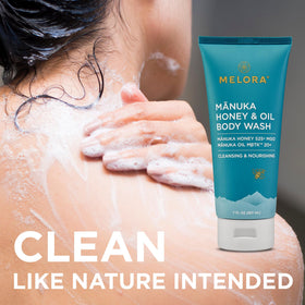 Application scene of Melora Manuka Honey Body Wash with easy rinse-off.