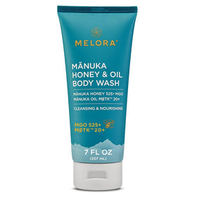 Melora Manuka Honey Body Wash bottle shows a hydrating formula for all skin types.
