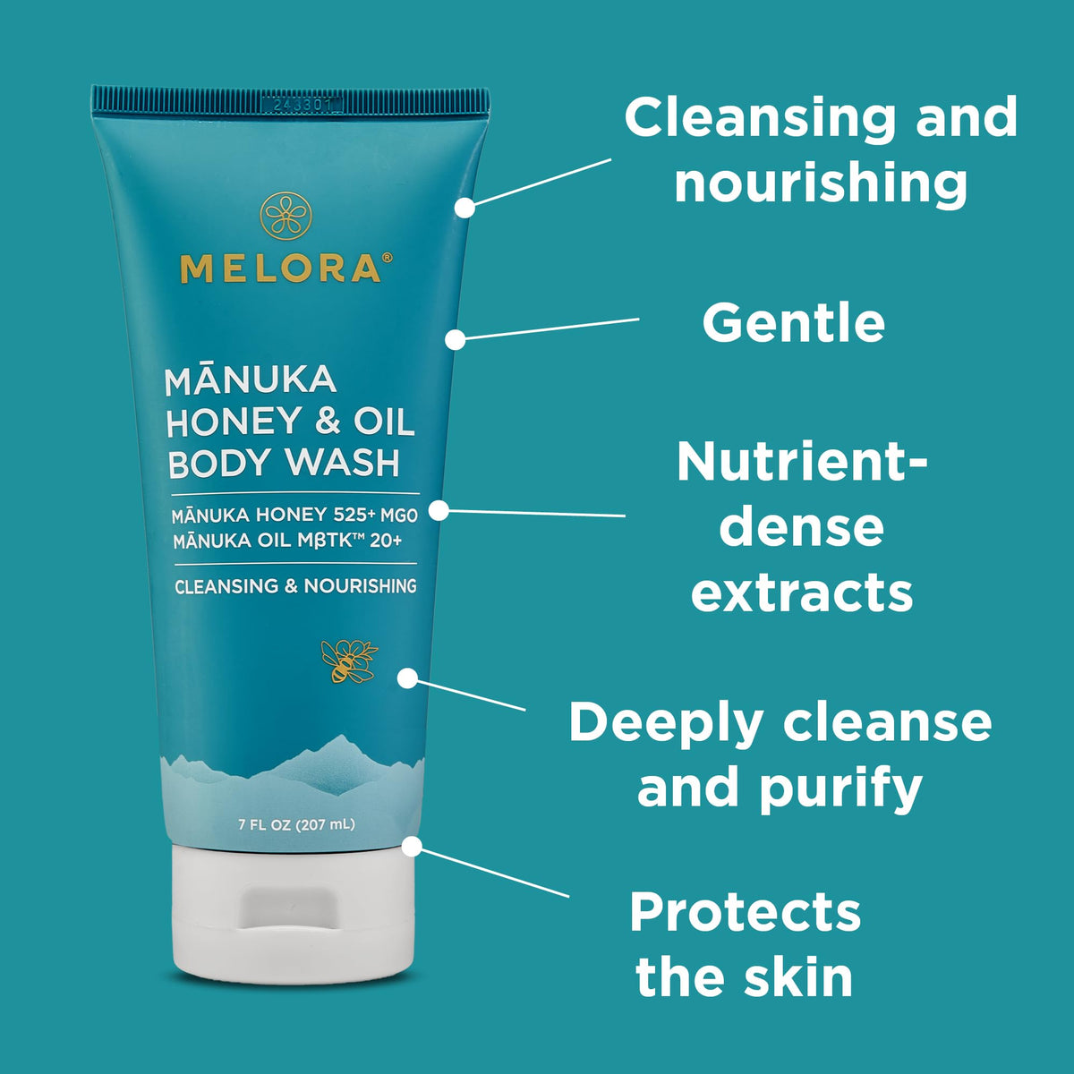 Melora Manuka Honey Body Wash features manuka oil droplets for soothing skin care.