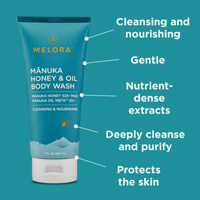 Melora Manuka Honey Body Wash features manuka oil droplets for soothing skin care.