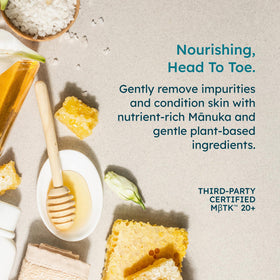 Packaging highlight of Melora Manuka Honey Body Wash with MGO-rich ingredients.