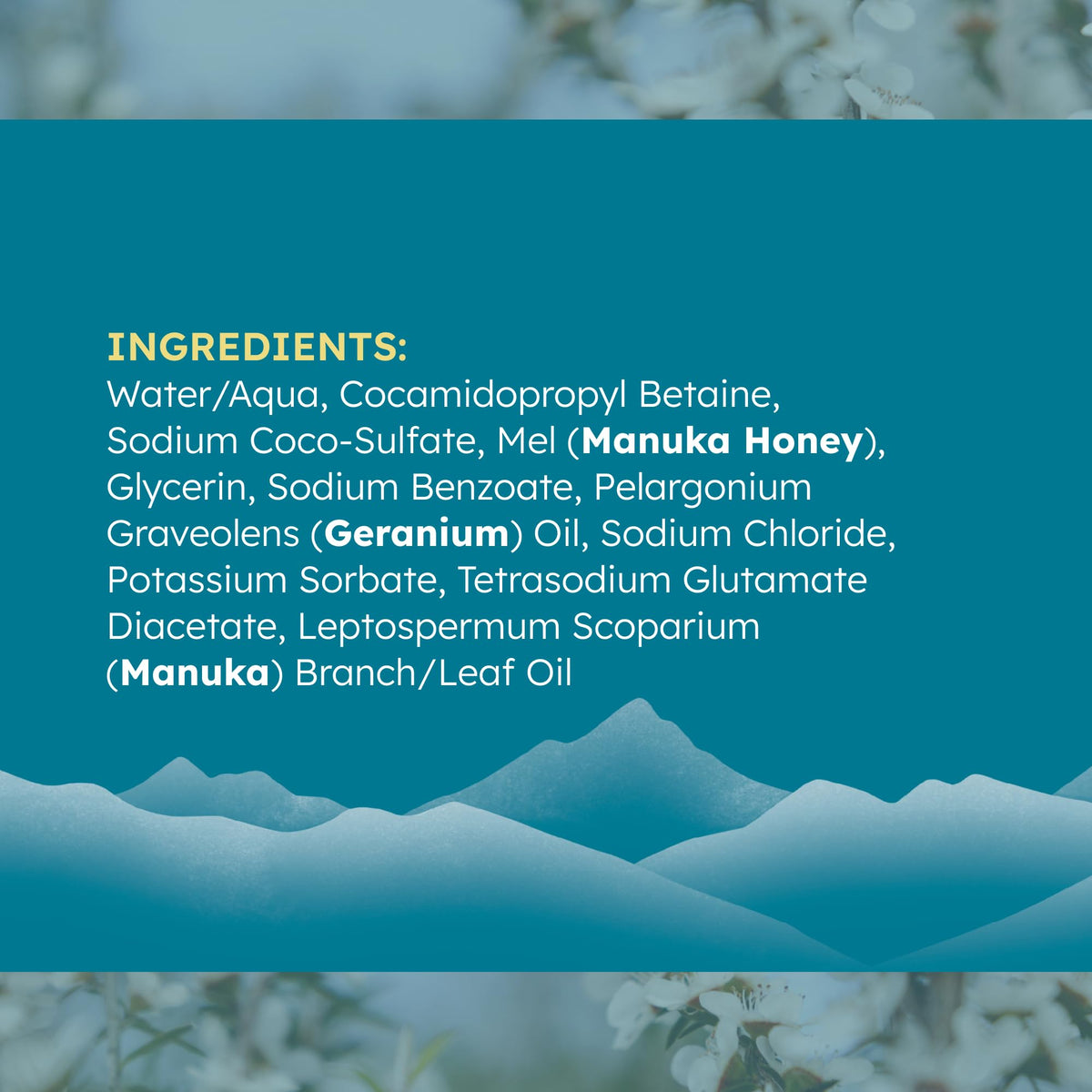 Eco-friendly packaging and sustainable sourcing label on Melora Body Wash.