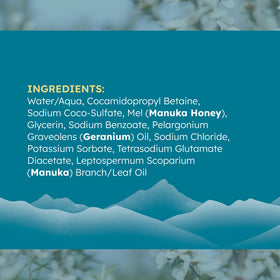 Eco-friendly packaging and sustainable sourcing label on Melora Body Wash.