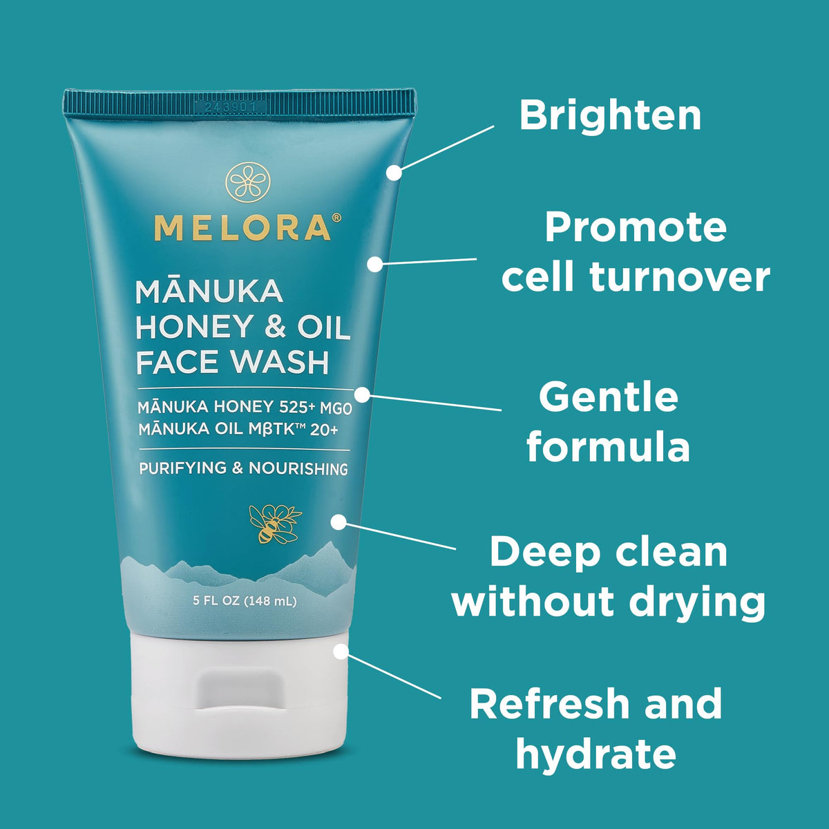Melora Manuka Honey Face Wash label closeup highlighting natural ingredients