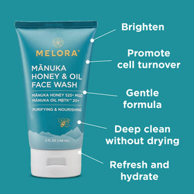 Melora Manuka Honey Face Wash label closeup highlighting natural ingredients