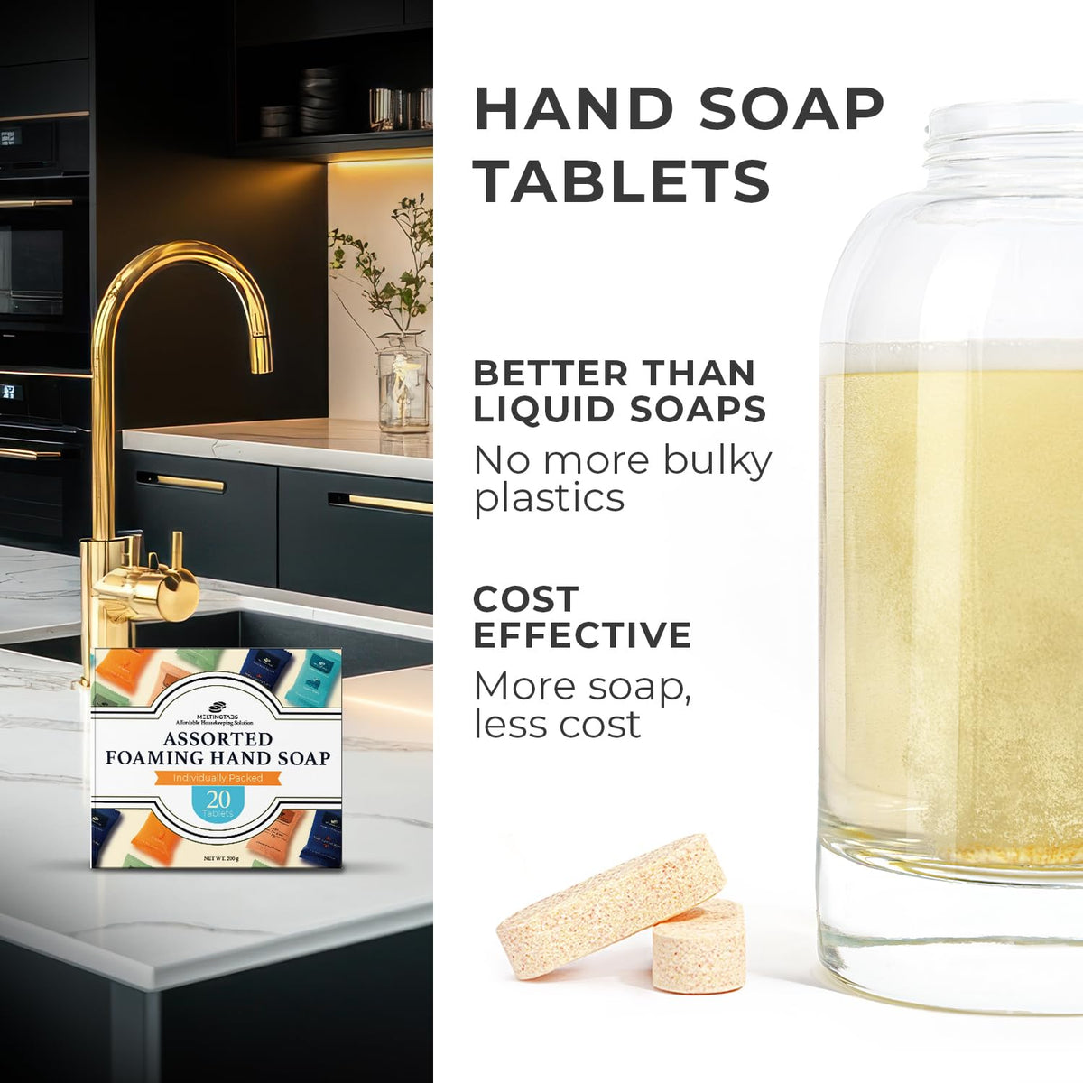 MELTINGTABS Noble Essence tablet dissolving into silky foam.