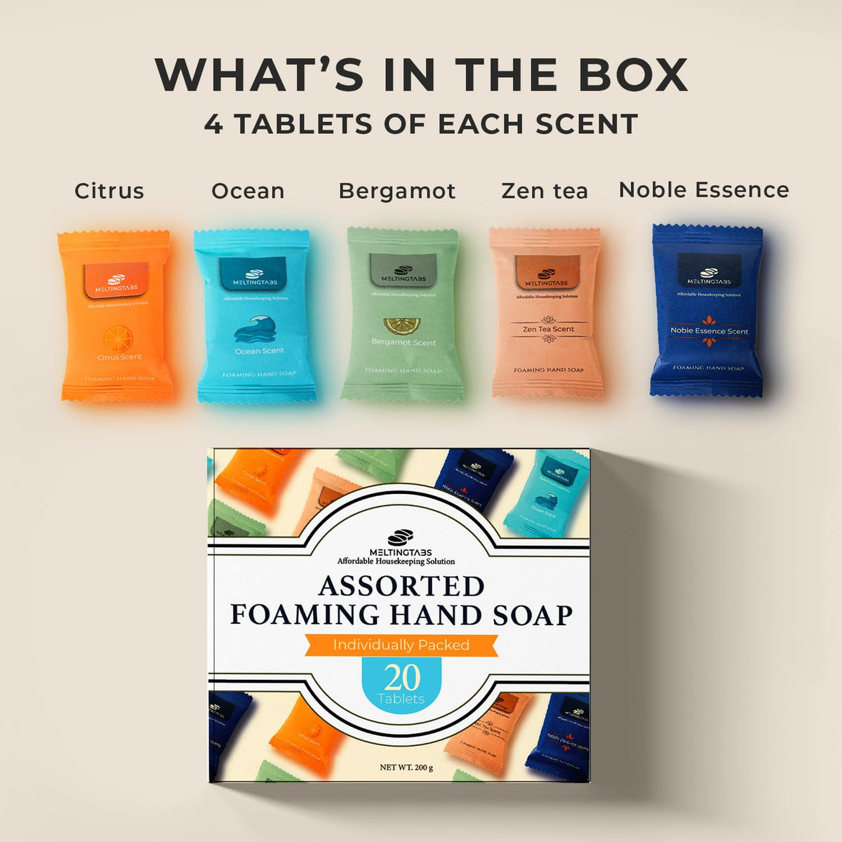 MELTINGTABS Zen Tea tablet dissolving for calming hand wash foam.