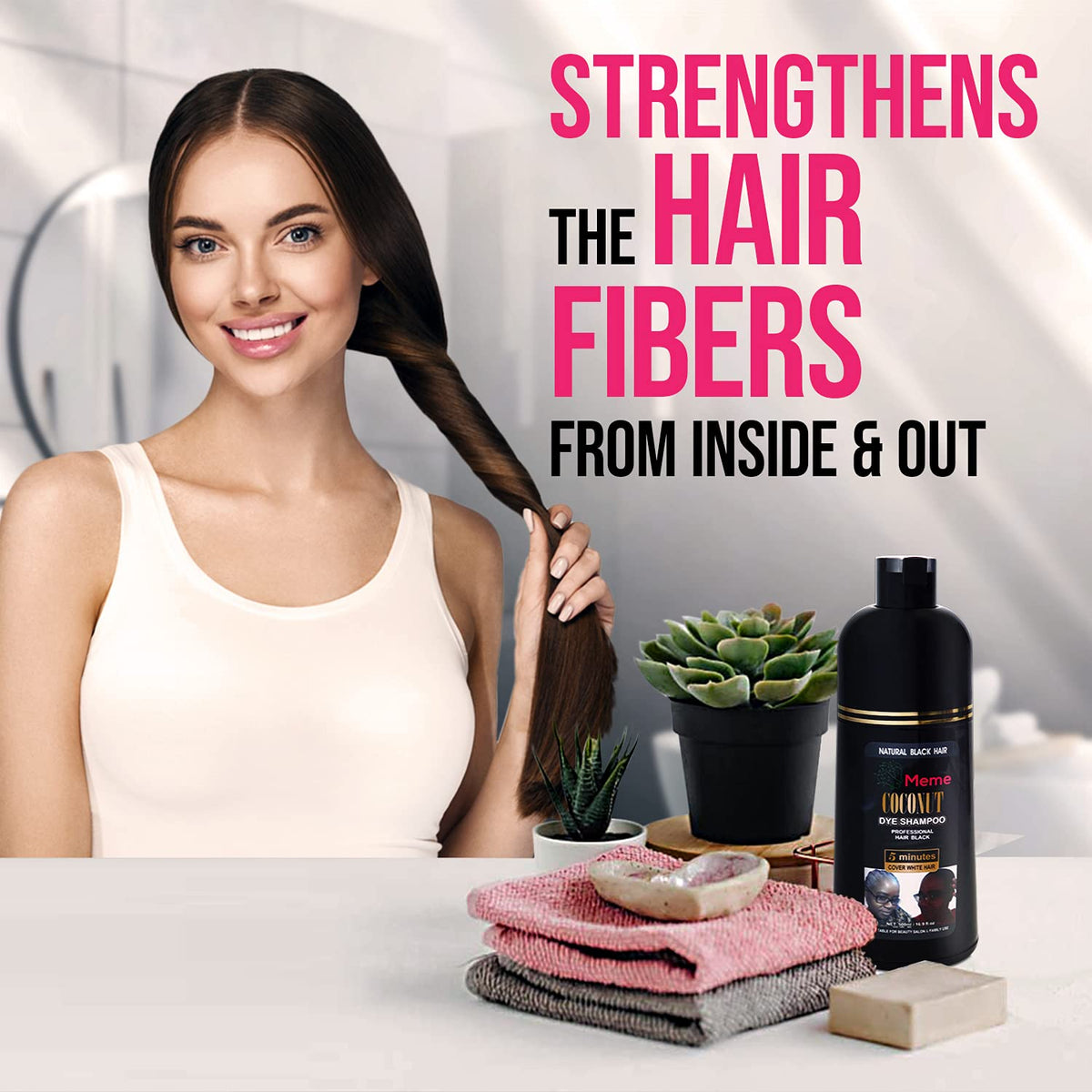 Meme color-deposit shampoo on hair strands for even tone and vibrancy.