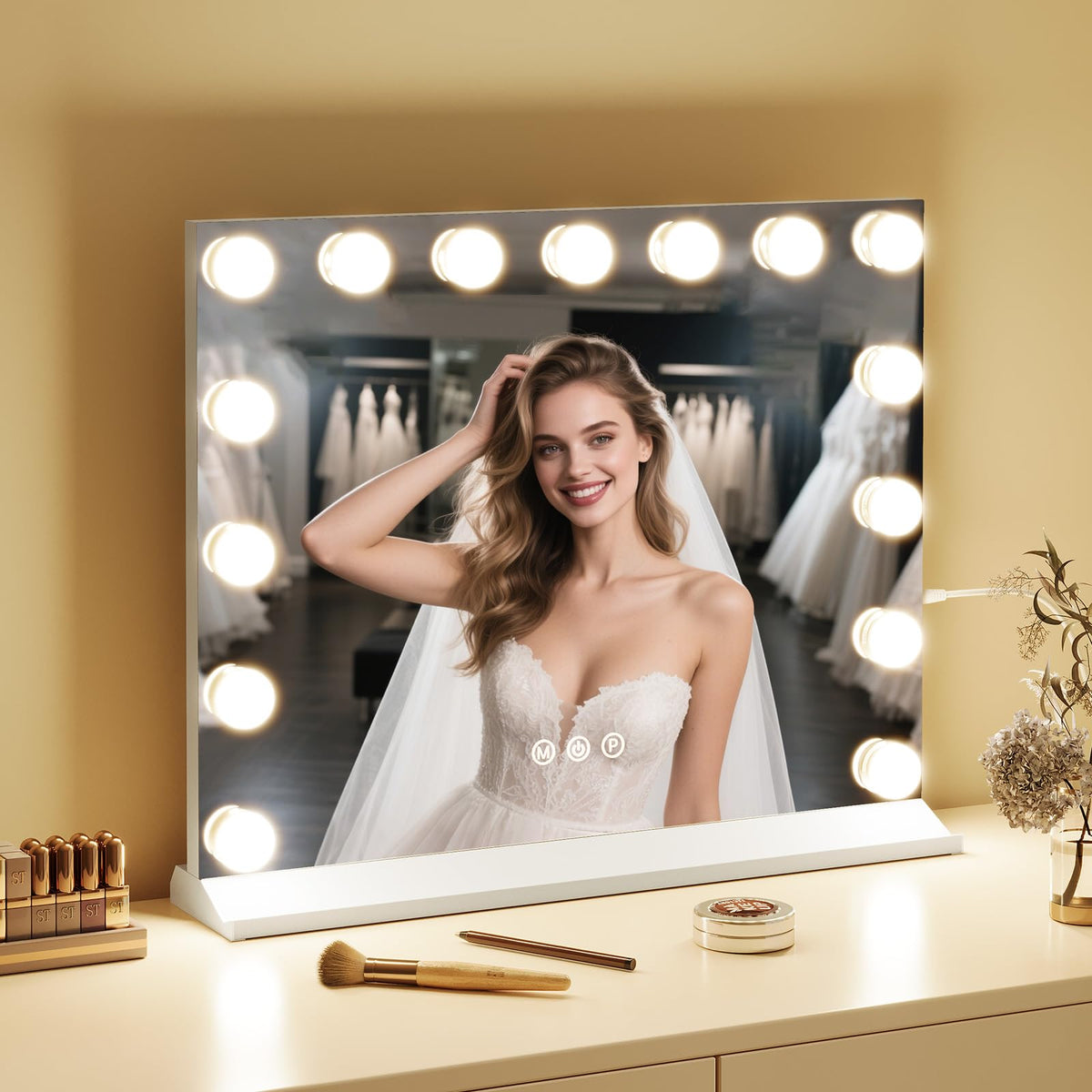 Tabletop setup of Memobarco vanity mirror with compact base