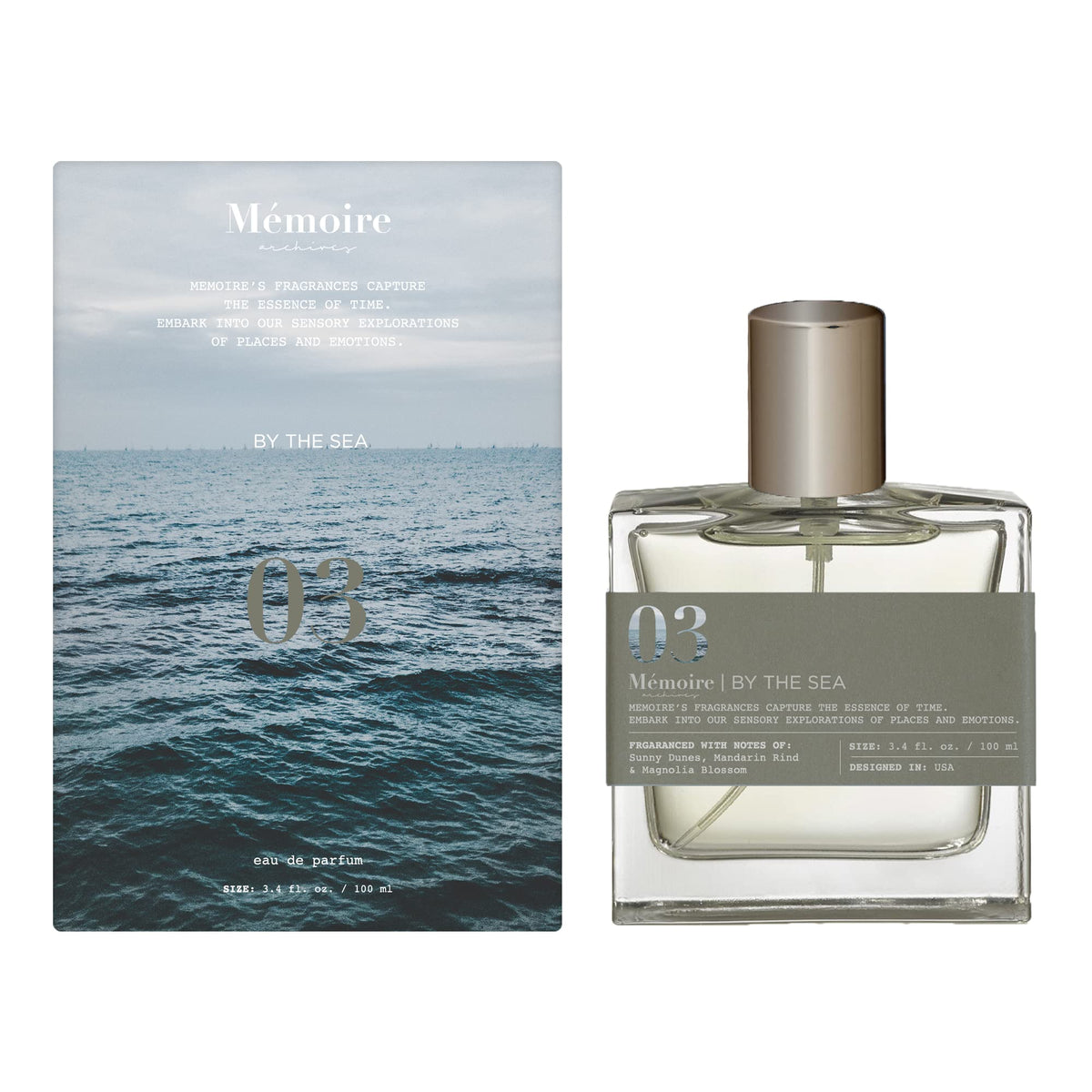 Memoire Archives By The Sea EDP bottle on a sunlit surface evokes fresh coastal confidence
