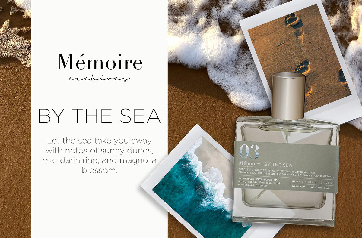 Memoire Archives By The Sea EDP with waves and sand backdrop perfect for weekend escapes