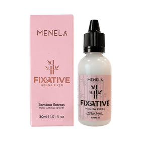 Menela fixative henna mixer bottle close-up showing bamboo extract for smooth prep