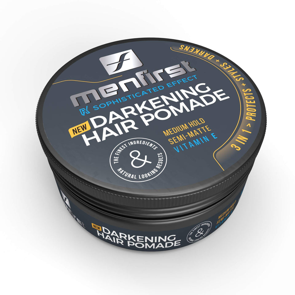 MENFIRST darkening hair pomade jar for natural gray coverage on dark hair.