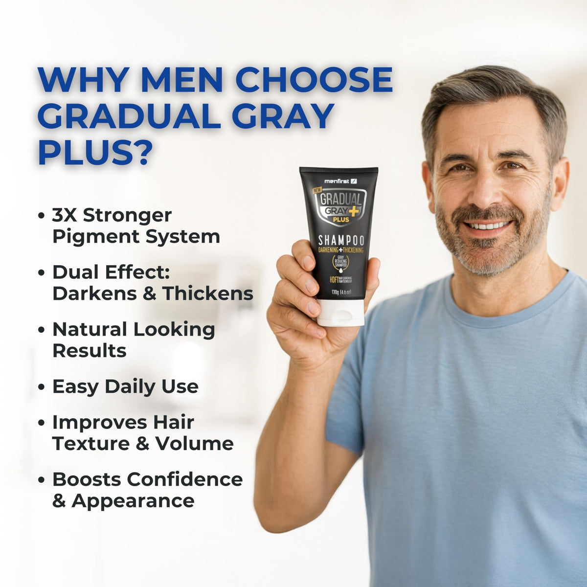 MENFIRST Gradual Gray Plus pump disperses pigment evenly for quick application.
