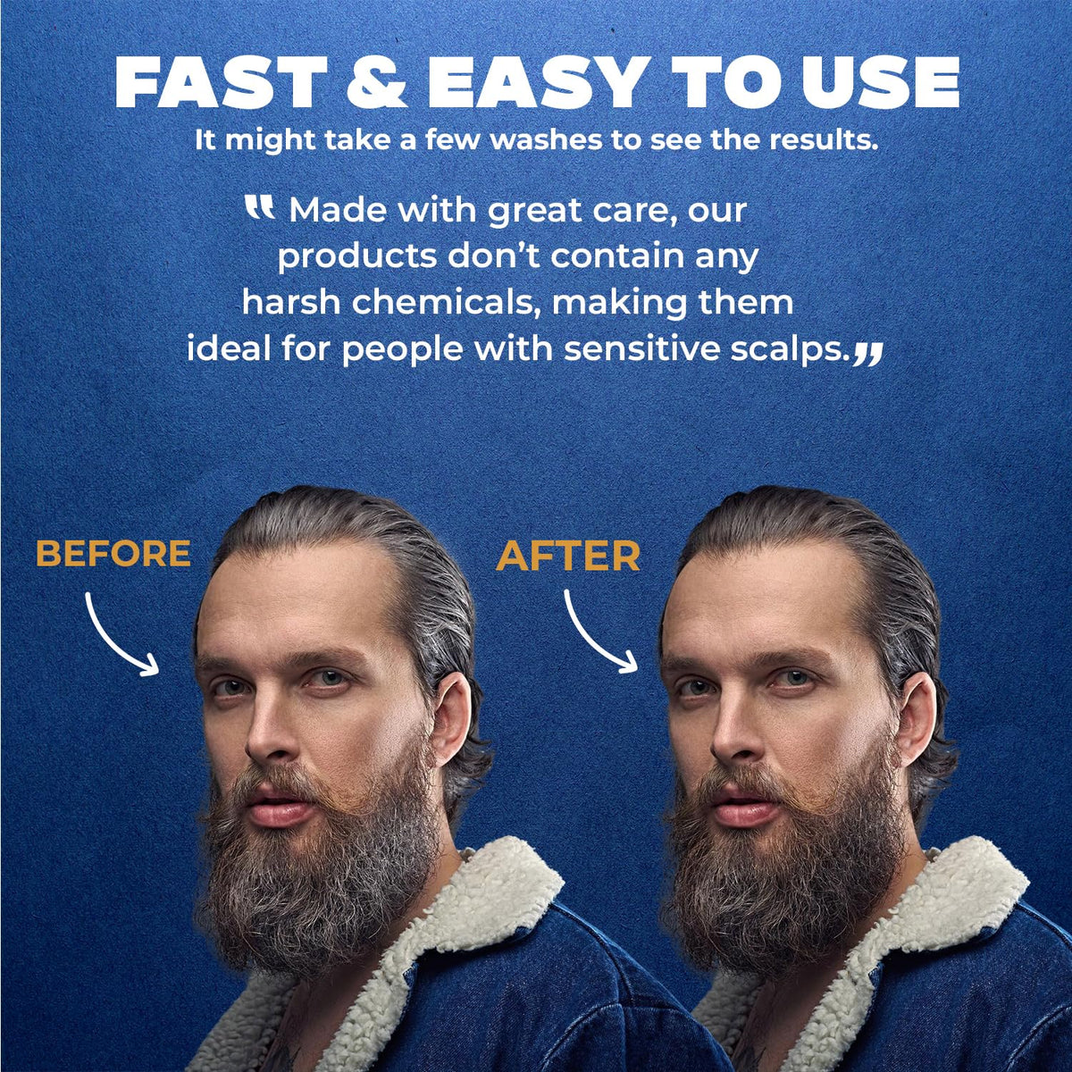 MENFIRST Gray Reducing Shampoo before-after illustrates gradual results.