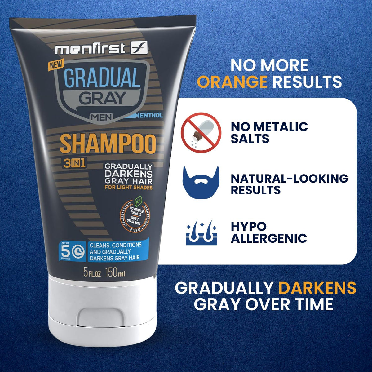 MENFIRST Gray Reducing Shampoo creamy lather evenly coats hair for coverage.