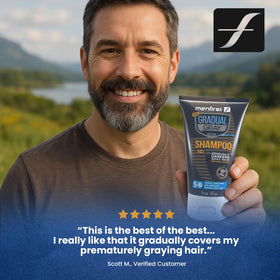 MENFIRST Gray Reducing Shampoo with keratin boosts hair health.