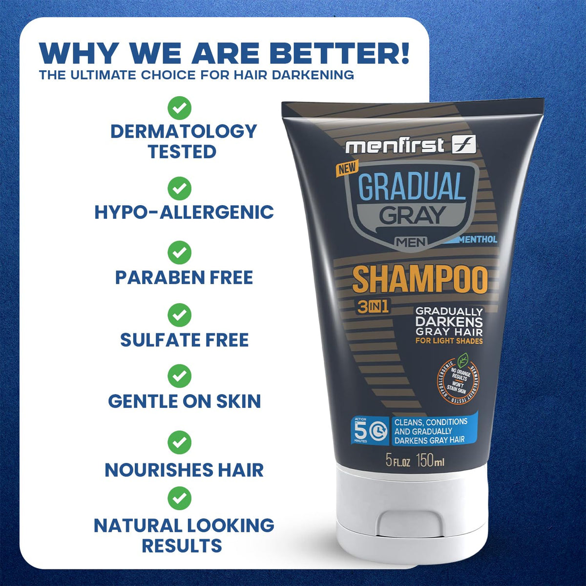 MENFIRST Gray Reducing Shampoo packaging shows convenient 5 oz bottle.