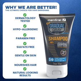 MENFIRST Gray Reducing Shampoo packaging shows convenient 5 oz bottle.