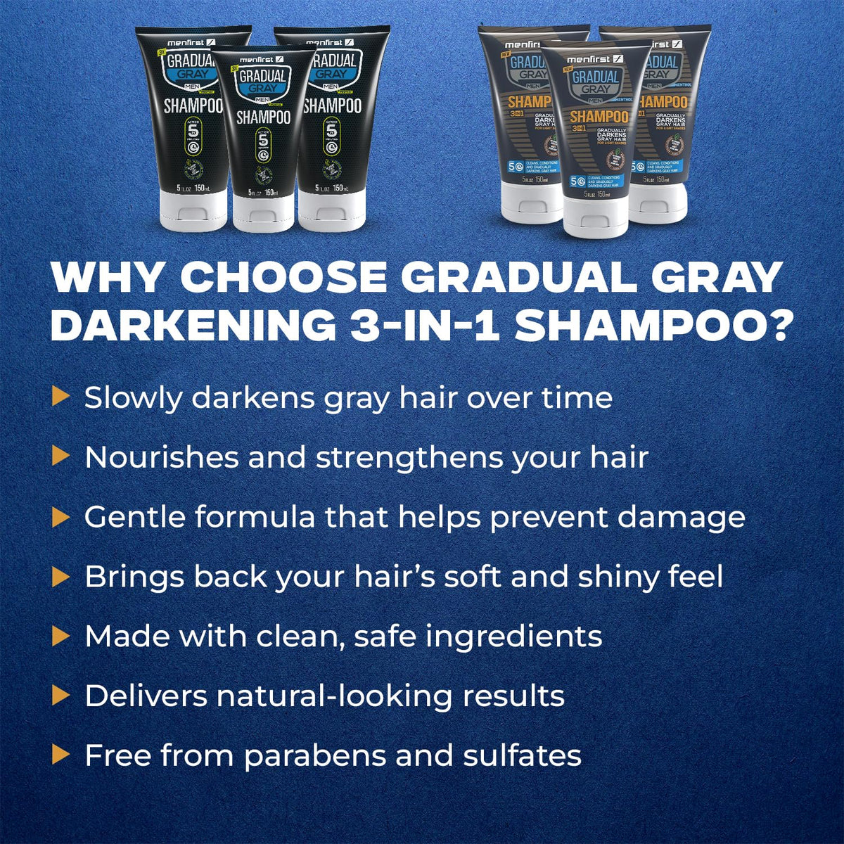MENFIRST Gray Reducing Shampoo shades blend for a natural look.