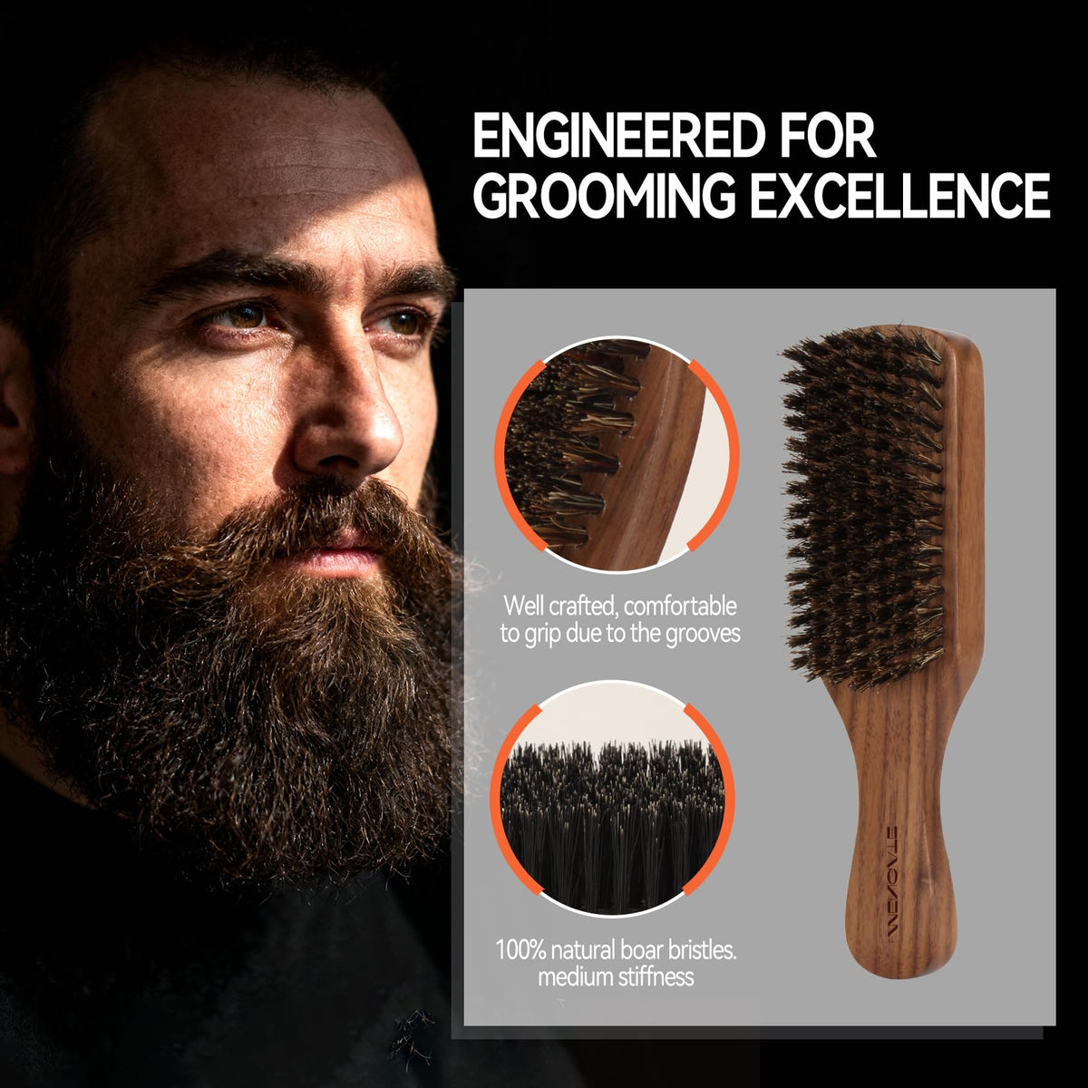 MenGate boar bristles beard brush for detangling and smooth grooming