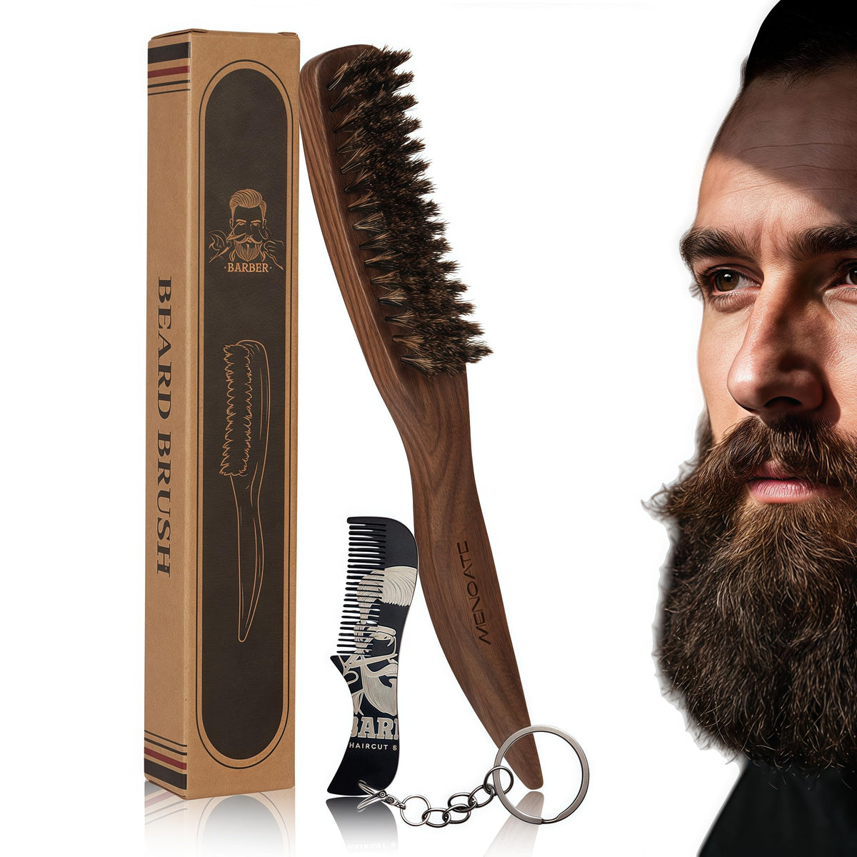 Mengate men's stiff boar bristle beard brush with walnut handle for precise grooming.
