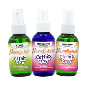 Meowijuana Catnip & Silvervine Spray Trio bottle for engaging playtime with cats.