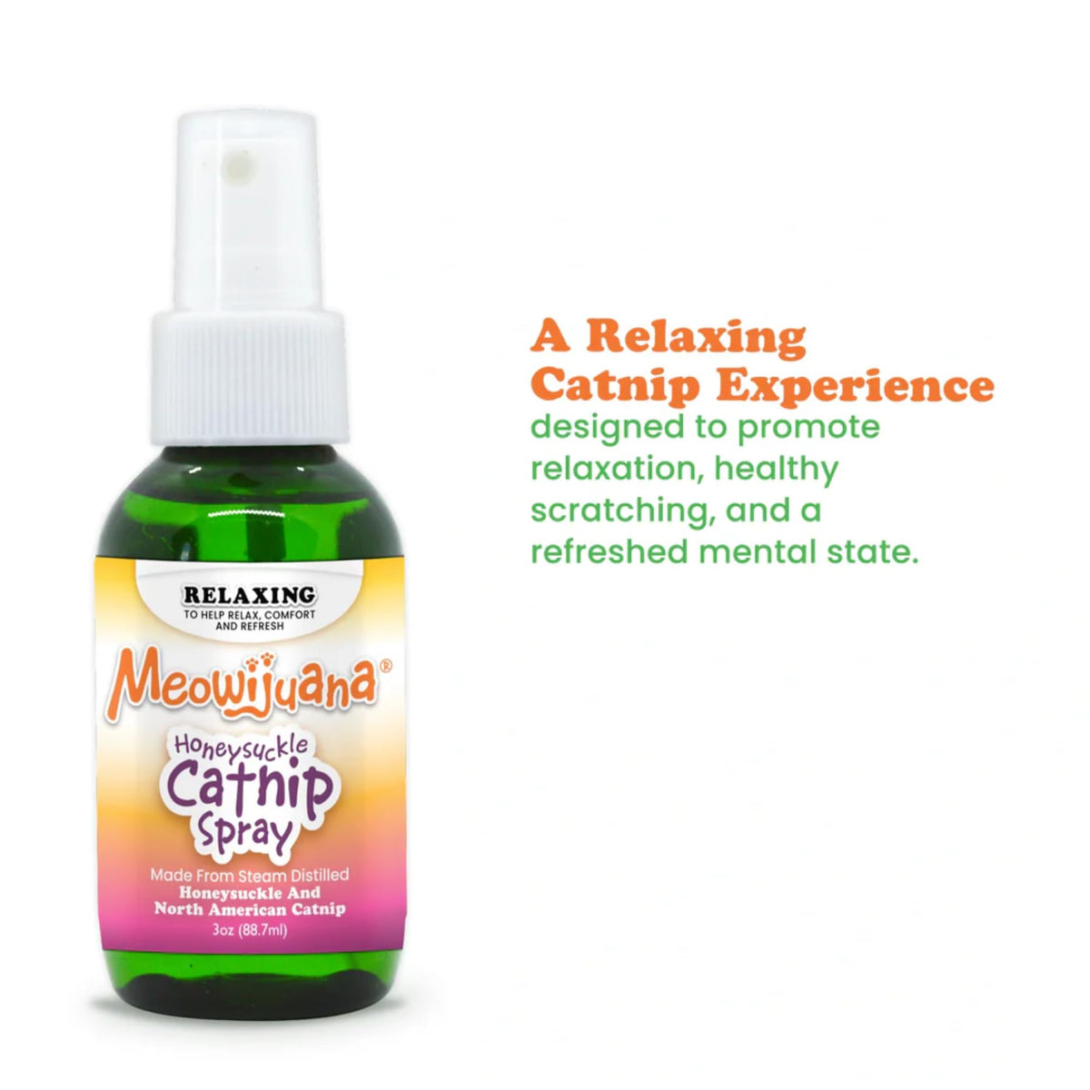 Meowijuana Catnip & Silvervine Spray Trio near a scratching post motivates scratching.
