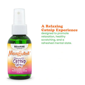 Meowijuana Catnip & Silvervine Spray Trio near a scratching post motivates scratching.