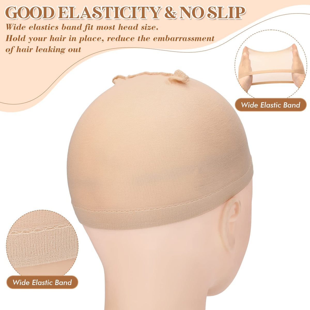 Mepase elastic wig cap showing adjustable fit for most head shapes