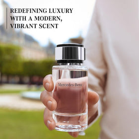 Mercedes-Benz For Men bottle cap showcases premium craftsmanship and long-lasting scent.