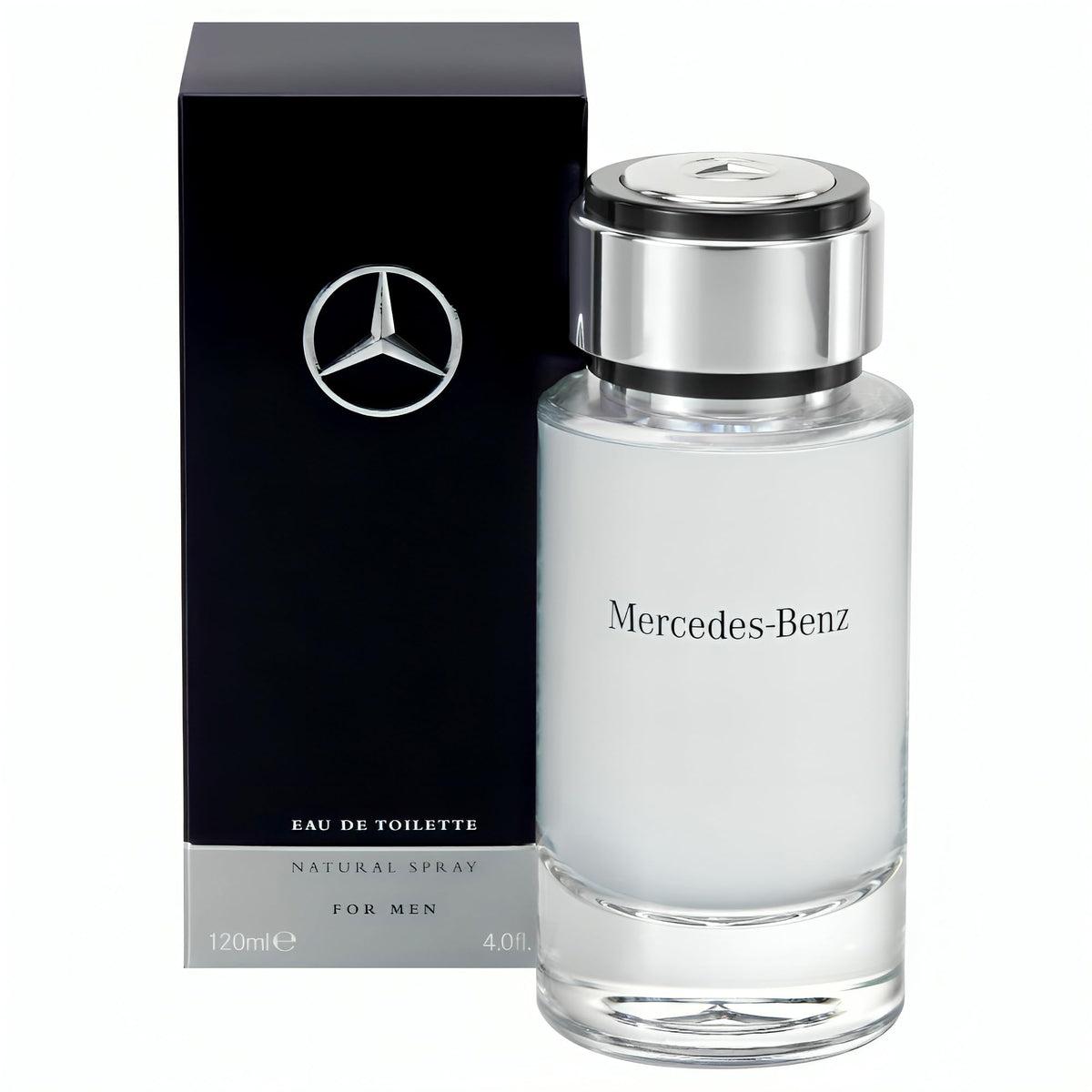 Mercedes-Benz For Men bottle front highlights a woody-musky fragrance for daily confidence.