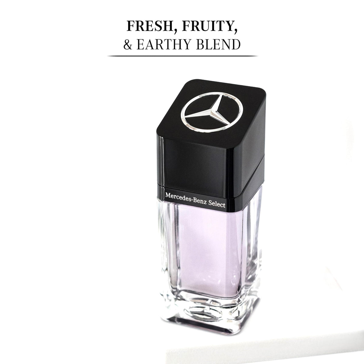 Mercedes-Benz Select cap detail, refined craftsmanship complements masculine fragrance.