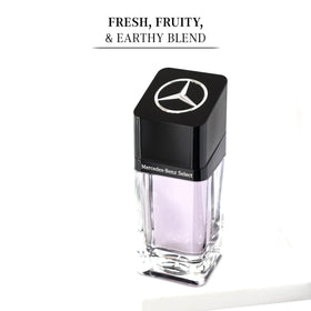 Mercedes-Benz Select cap detail, refined craftsmanship complements masculine fragrance.