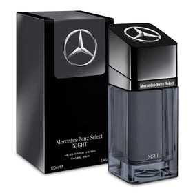 Mercedes-Benz Select Night bottle close-up highlighting amber-spicy notes for evening wear.