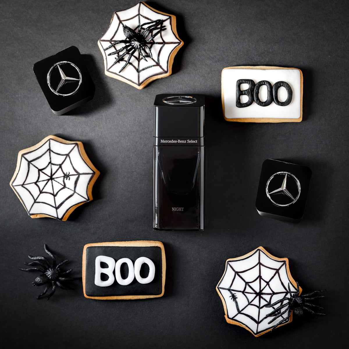 Mercedes-Benz Select Night spray mist suggests travel-friendly convenience.