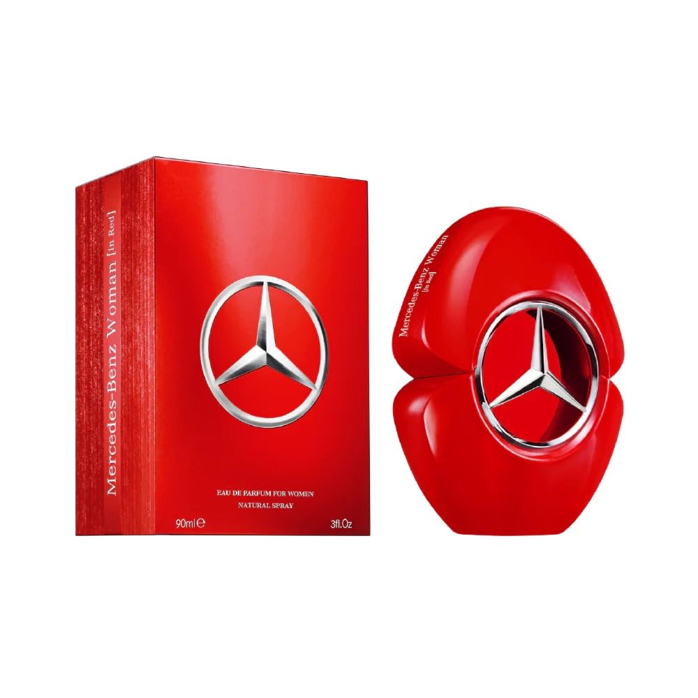 Mercedes-Benz Woman in Red bottle showcases jasmine notes for all-day elegance.