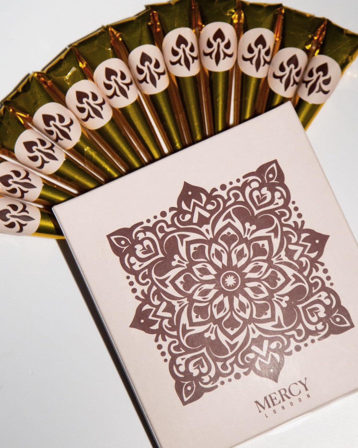 MERCY LONDON Henna Cones ready-to-use tubes for easy DIY color at home.