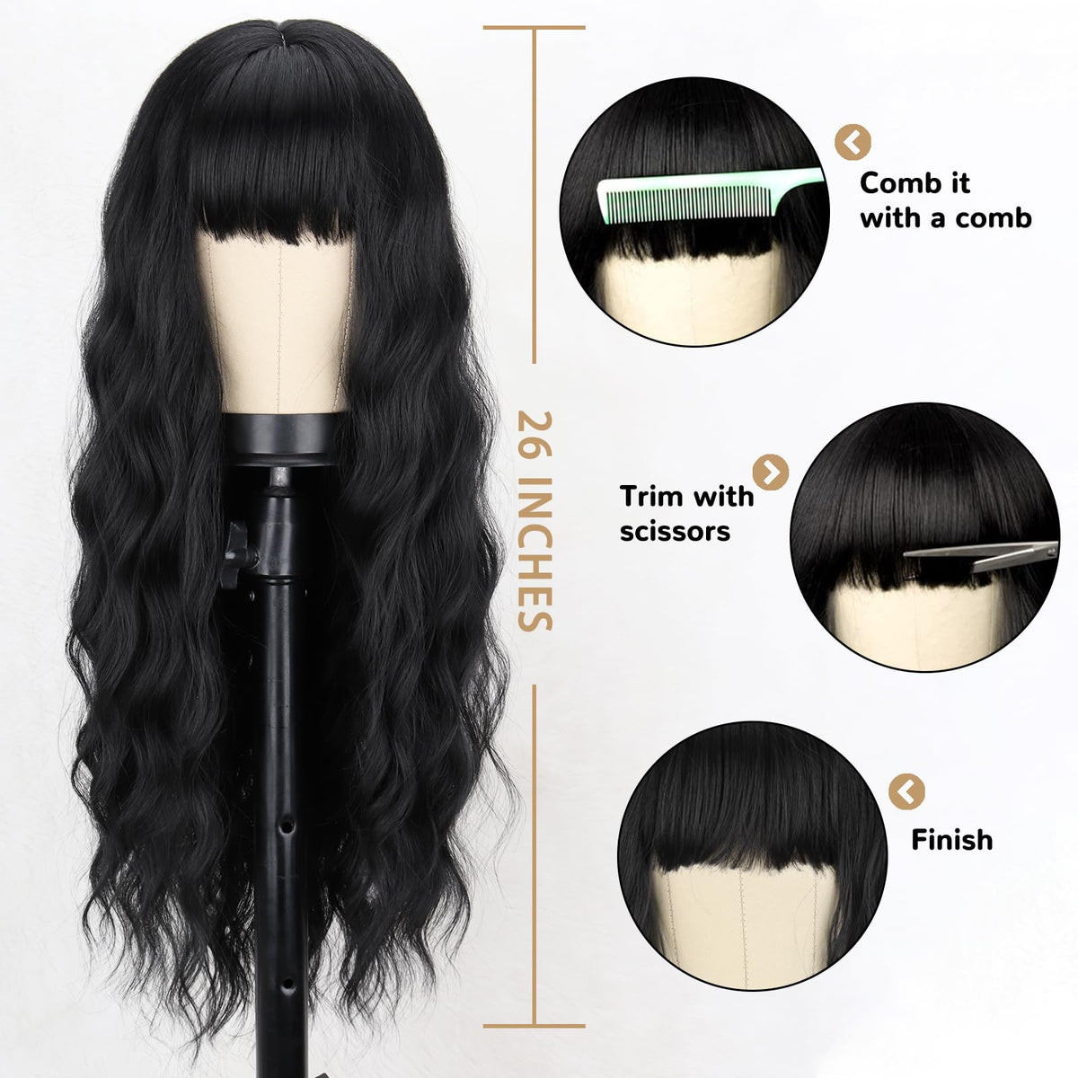 MERISIHAIR synthetic wavy wig with bangs showcases versatile styling options.