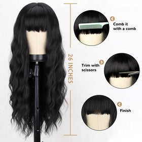 MERISIHAIR synthetic wavy wig with bangs showcases versatile styling options.