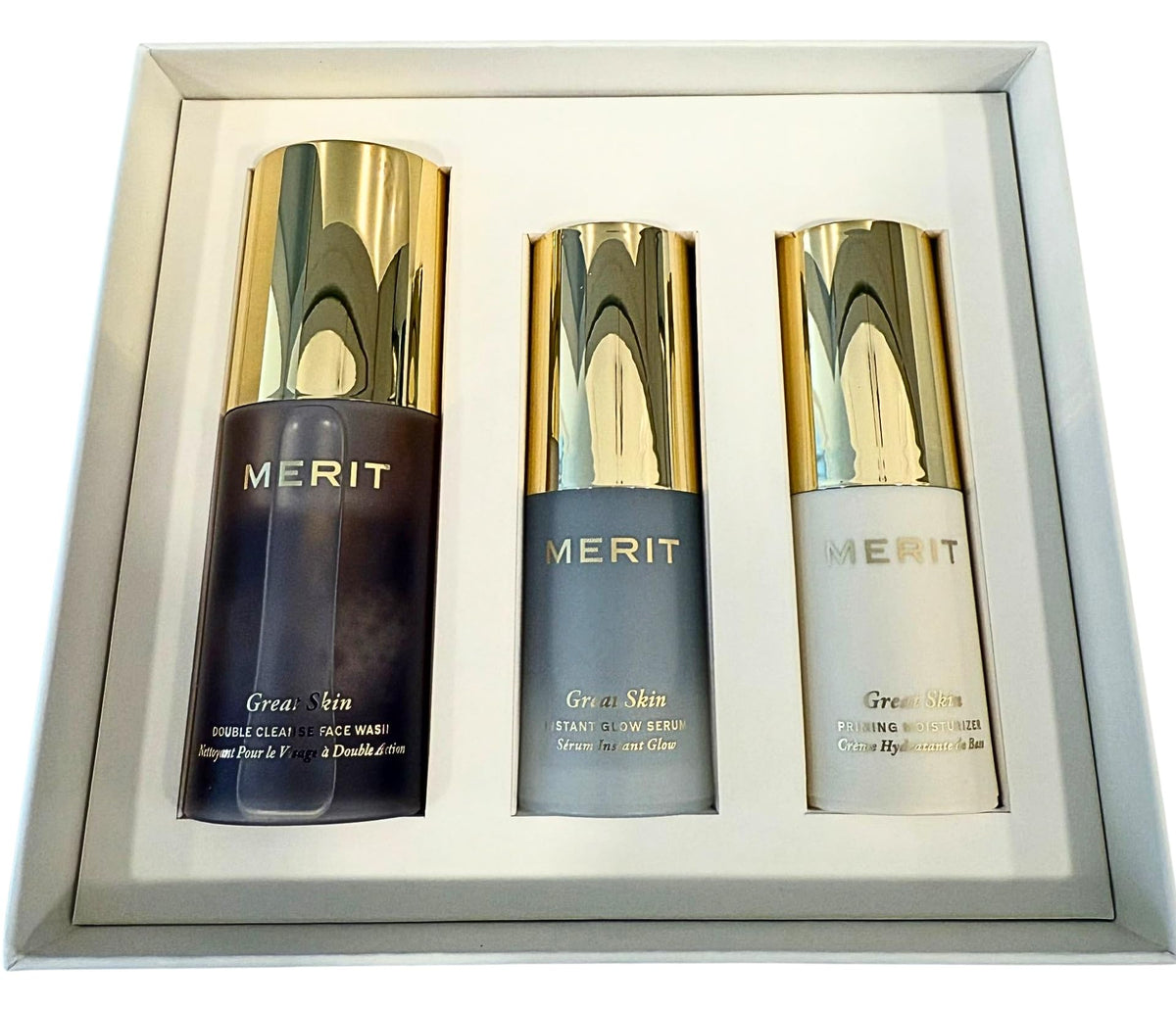 MERIT Mini Great Skin Trio pack shot, travel-friendly skincare set for on-the-go routines.