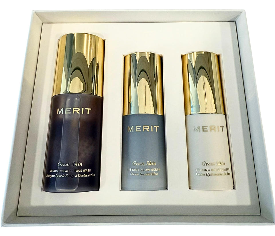 MERIT Mini Great Skin Trio pack shot, travel-friendly skincare set for on-the-go routines.