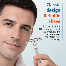 MERKUR 25C long knurled handle for a secure grip during shaving.