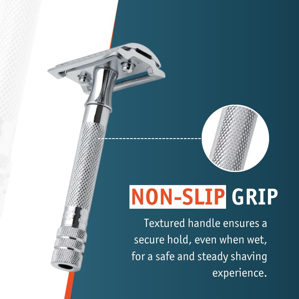 Three-piece Merkur design enabling easy cleaning and blade changes.