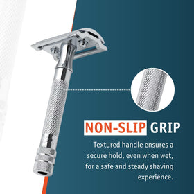 Three-piece Merkur design enabling easy cleaning and blade changes.