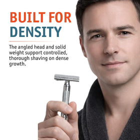 MERKUR 37C knurled-handle provides secure grip for smooth, controlled blade changes.