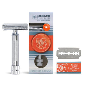 MERKUR 37C slant-bar head delivers a precise shave with reduced tugging on dense facial hair.