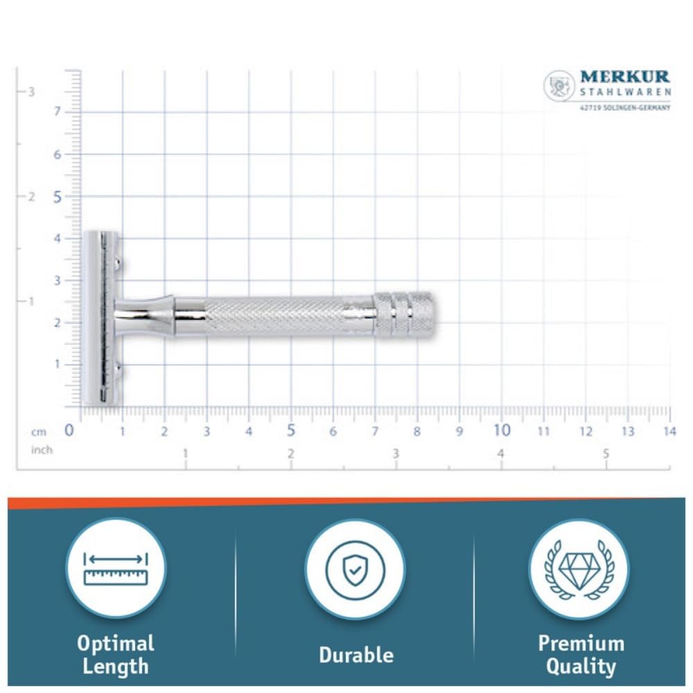 Merkur razor compatible with standard double-edge blades for affordable shaves.