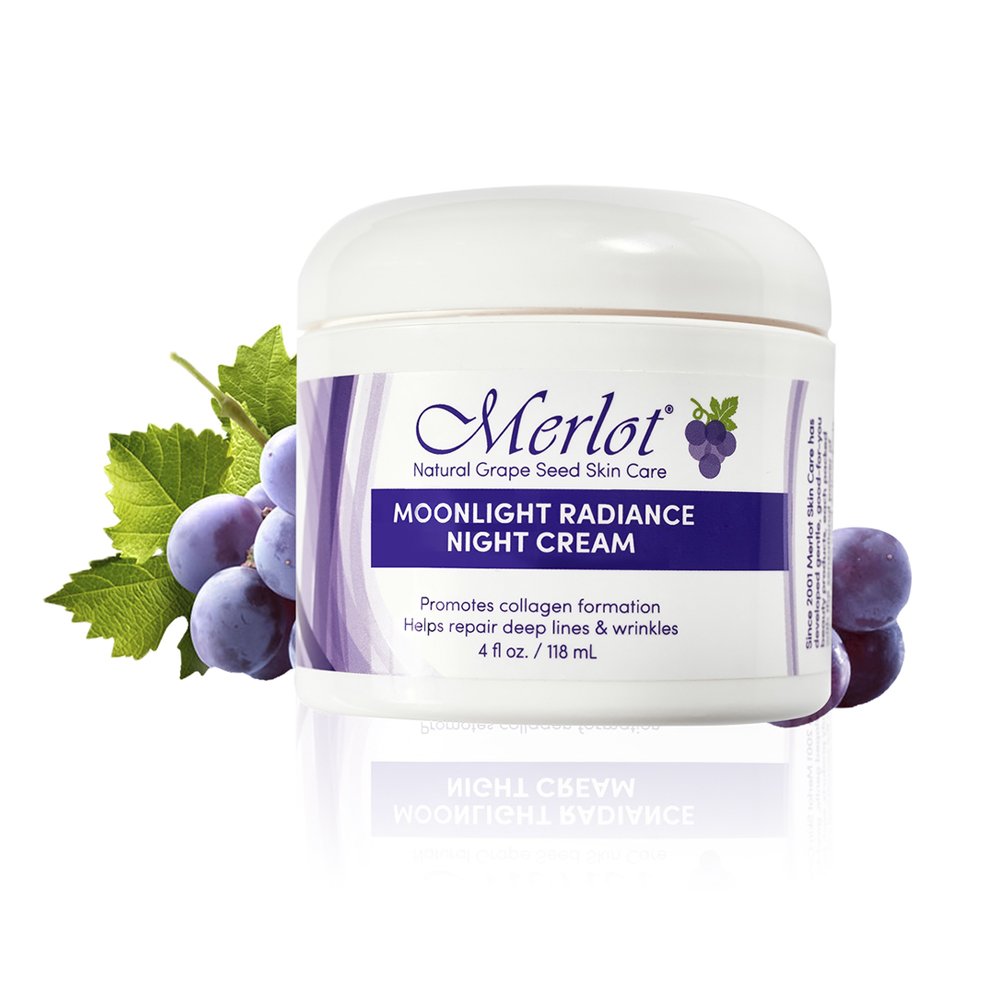 Merlot Moonlight Radiance night cream bottle set for nightly skincare ritual.
